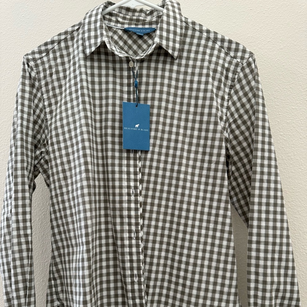 Olive and white strip button down top